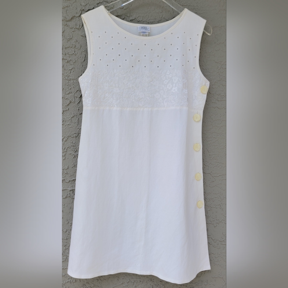 La Perla Linen Blend Retro Ivory Eyelet Embroidered Shift Dress Italy size 44/8 - Picture 3 of 12